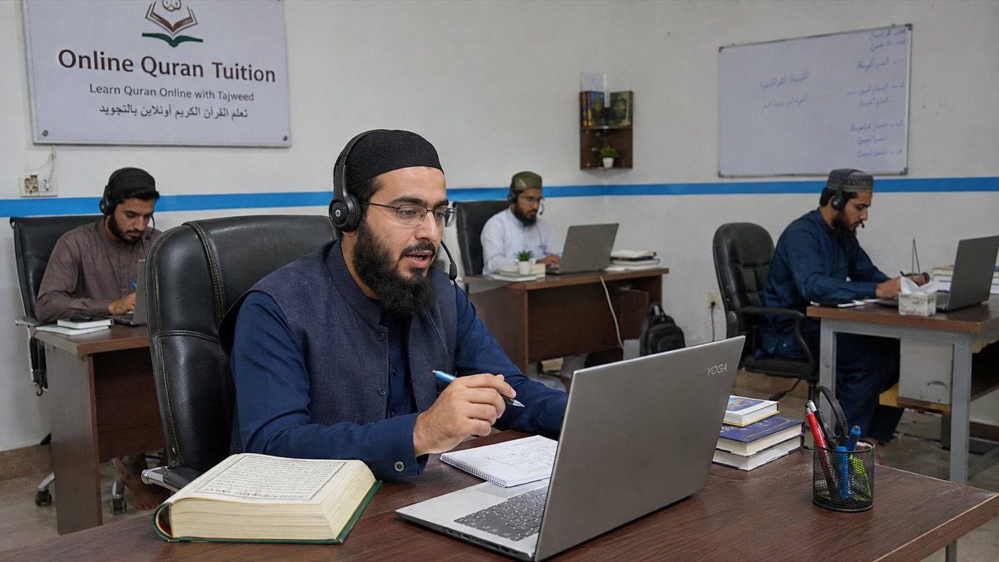Male Quran teachers delivering online lessons from the Online Quran Tuition teaching room
