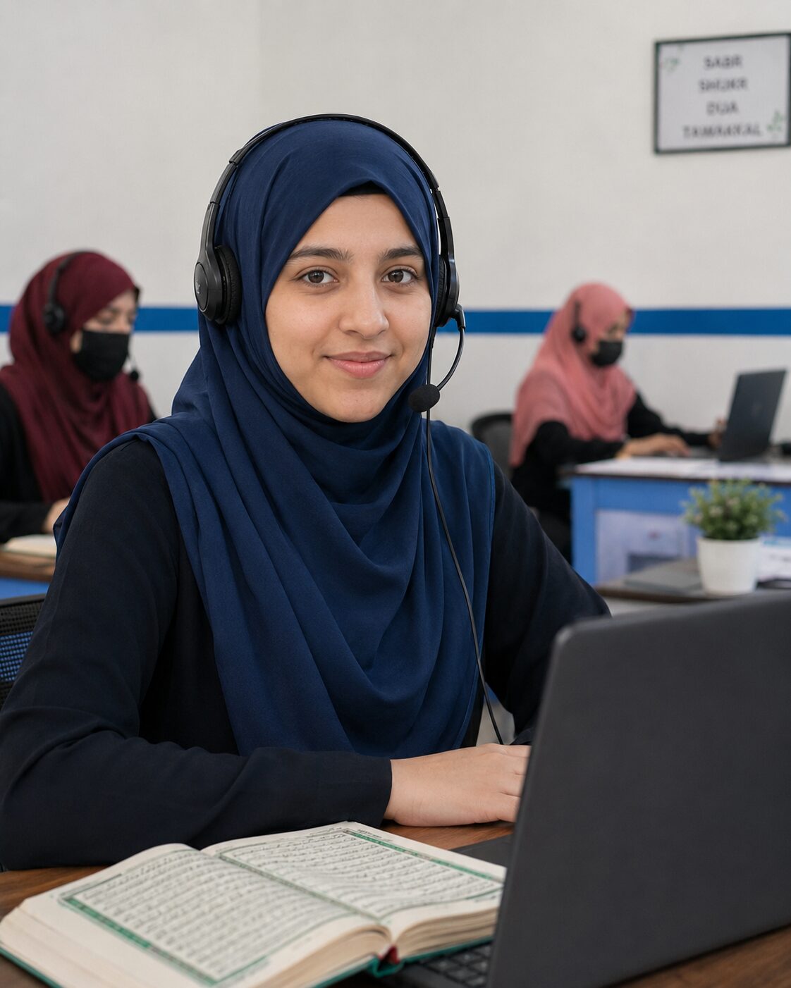 Female Quran teacher with an open Quran during a live online lesson