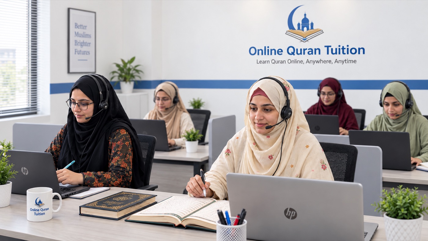 Female Quran teachers wearing headsets teaching online lessons with open Qurans at their desks