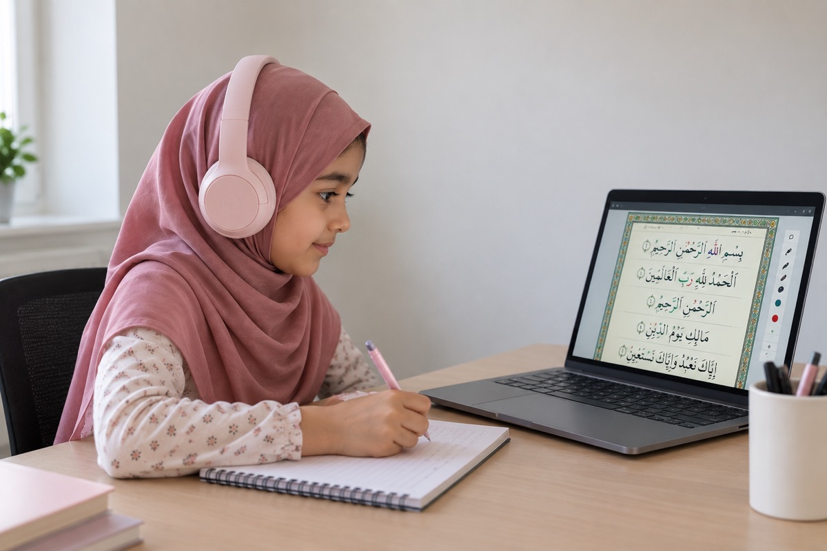 A girl following her Quran lesson on a laptop and writing in her notebook