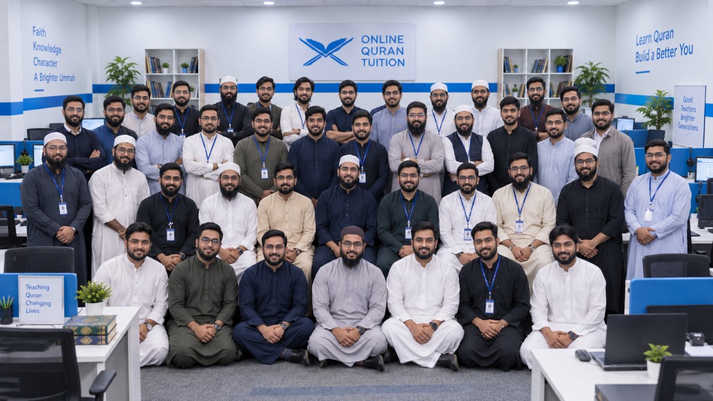 Group photo of the male Quran teaching team in the Online Quran Tuition office