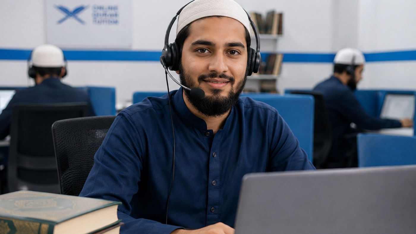 A Quran teacher with a headset teaching an online lesson beside an open Quran